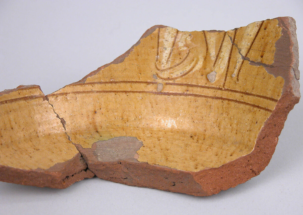 Ceramic Fragment, Earthenware; incised decoration through white slip and coloring under transparent glaze