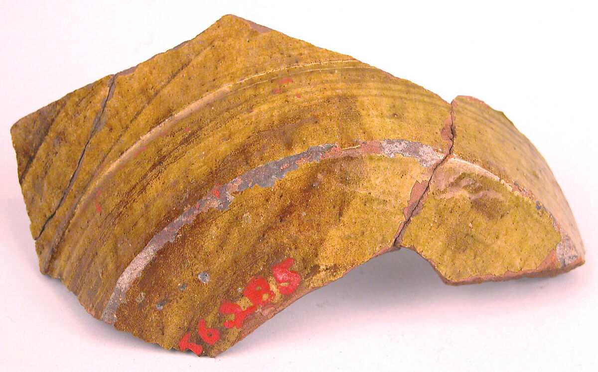 Ceramic Fragment, Earthenware; incised decoration through white slip and coloring under transparent glaze