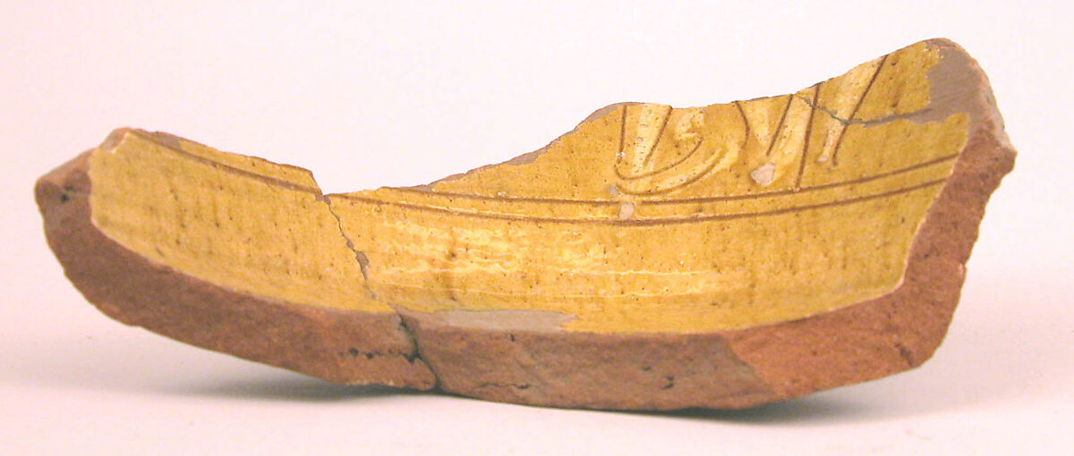 Ceramic Fragment, Earthenware; incised decoration through white slip and coloring under transparent glaze