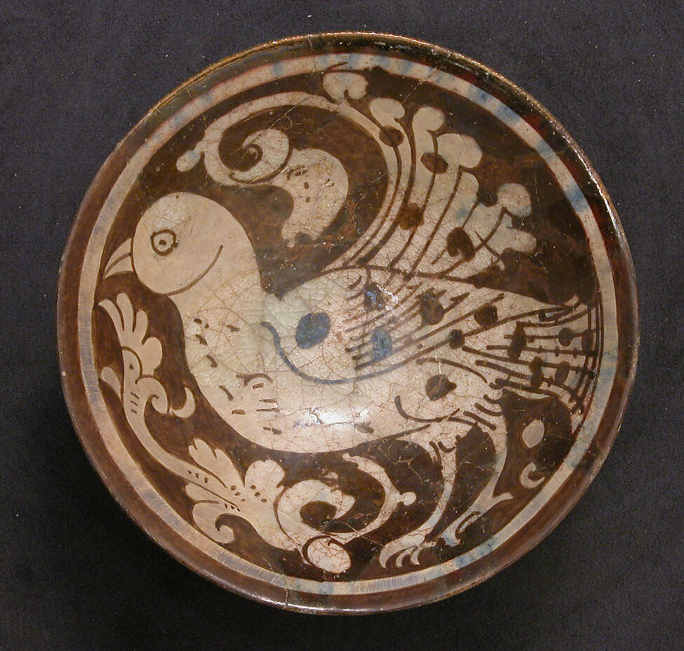 Bowl, Stonepaste; luster-painted on opaque white glaze with monochrome decoration under transparent glaze 