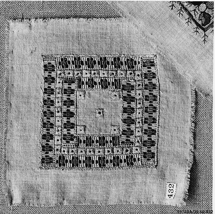 Square, Cotton, silk, and metal wrapped thread; plain weave, embroidered