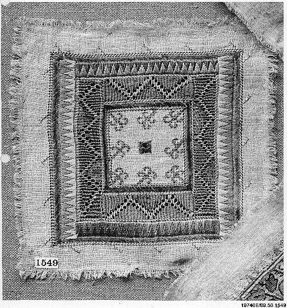 Square, Cotton, silk, and metal wrapped thread; plain weave, embroidered