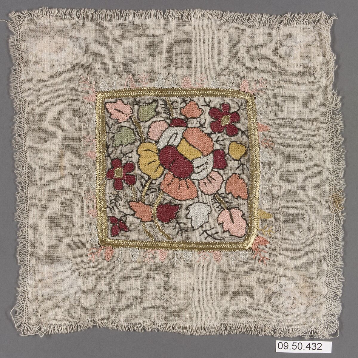 Square, Cotton, silk, and metal wrapped thread; plain weave, embroidered 
