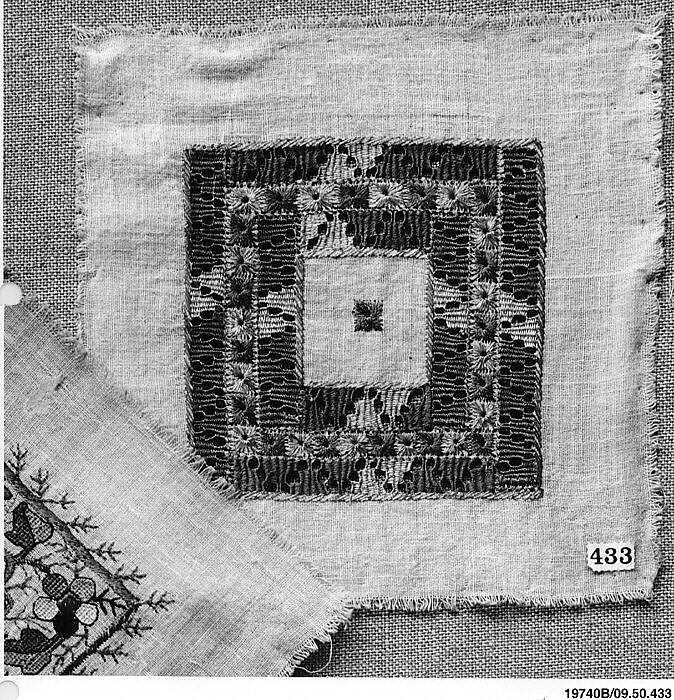 Square, Cotton, silk, and metal wrapped thread; plain weave, embroidered