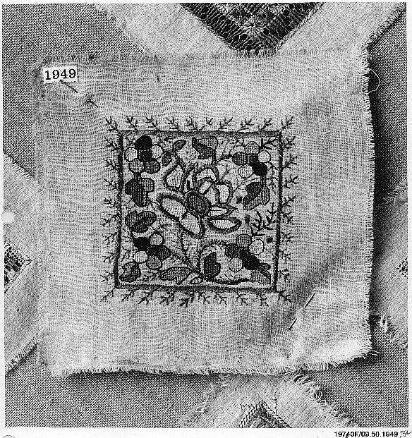 Square, Cotton, silk, and metal wrapped thread; plain weave, embroidered