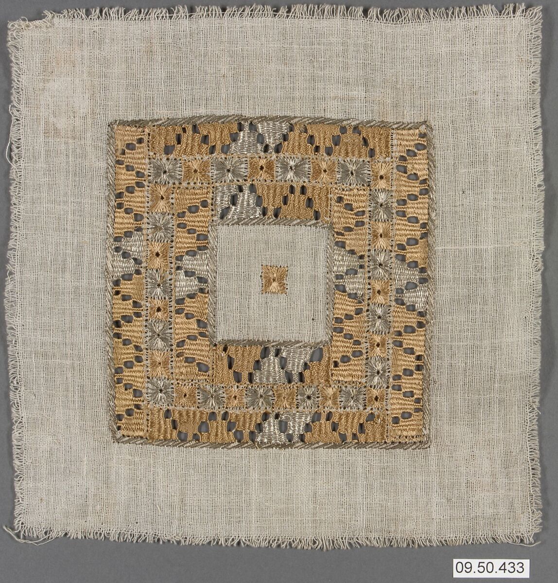 Square, Cotton, silk, and metal wrapped thread; plain weave, embroidered 