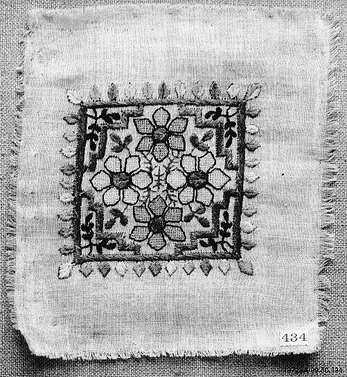 Square, Linen, silk, and metal wrapped thread; plain weave, embroidered 