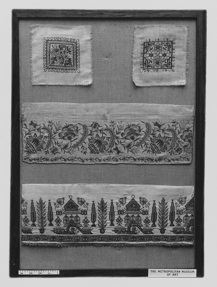 Square, Linen, silk, and metal wrapped thread; plain weave, embroidered