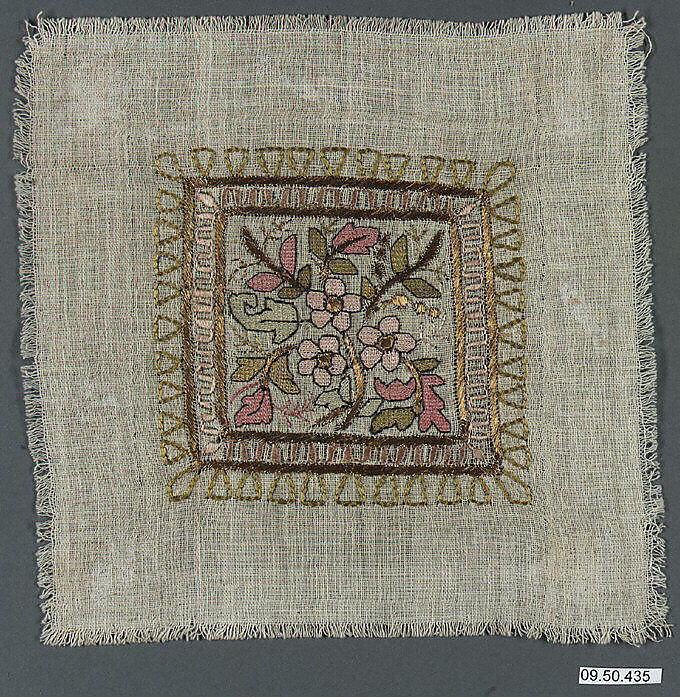 Square, Linen, silk, and metal wrapped thread; plain weave, embroidered 