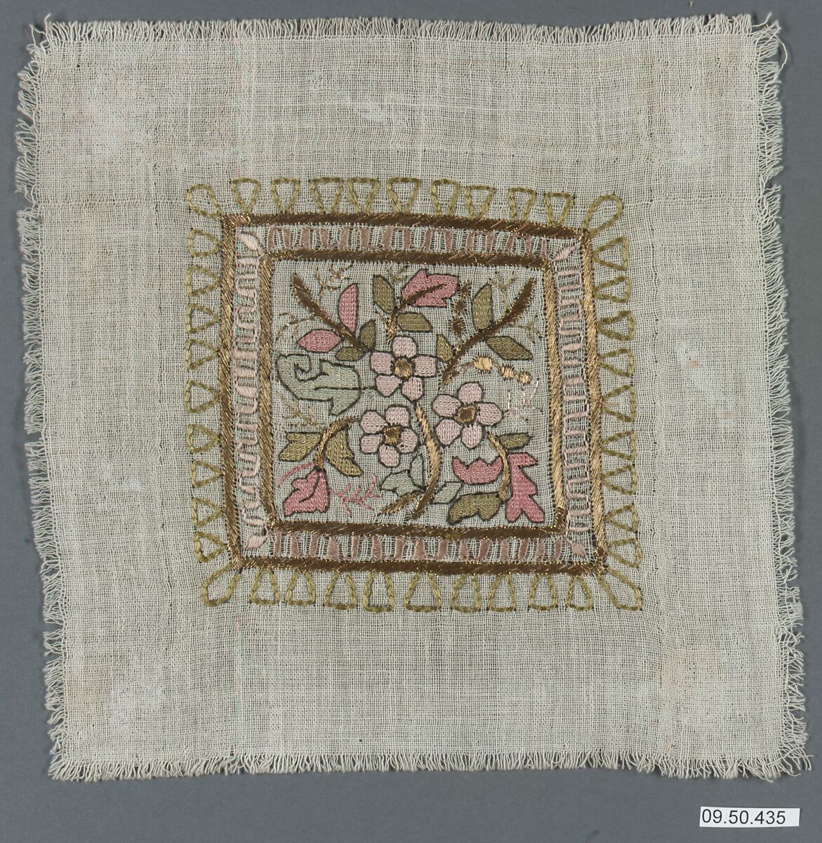 Square, Linen, silk, and metal wrapped thread; plain weave, embroidered