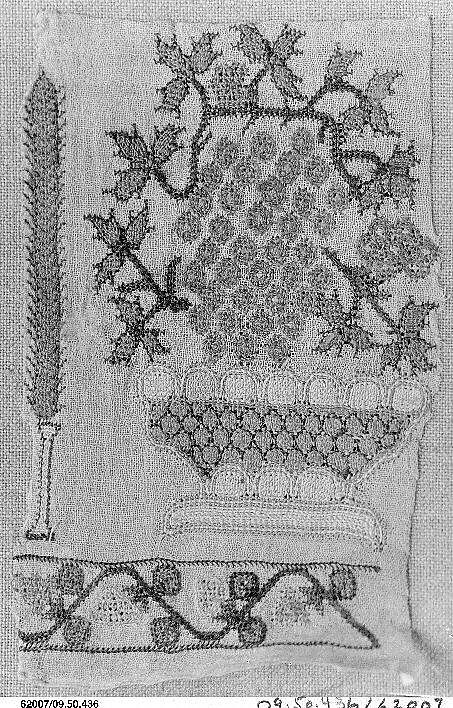 Textile Fragment, Linen, silk, and metal wrapped thread; plain weave, embroidered 
