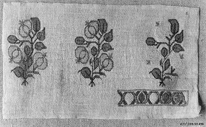 Textile Fragment, Linen, silk, and metal wrapped thread; plain weave, embroidered 