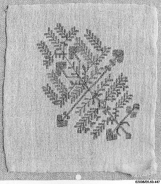 Textile Fragment, Linen, silk, and metal wrapped thread; plain weave, embroidered 
