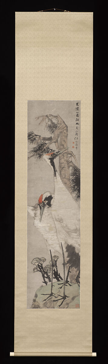 Cranes, Pine Tree, and Lichen, Ren Yi (Ren Bonian) (Chinese, 1840–1896), Hanging scroll; ink and color on paper, China