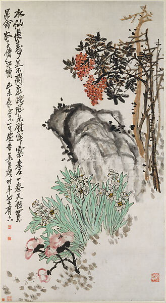Spring Offerings, Wu Changshuo (Chinese, 1844–1927), Hanging scroll; ink and color on paper, China 