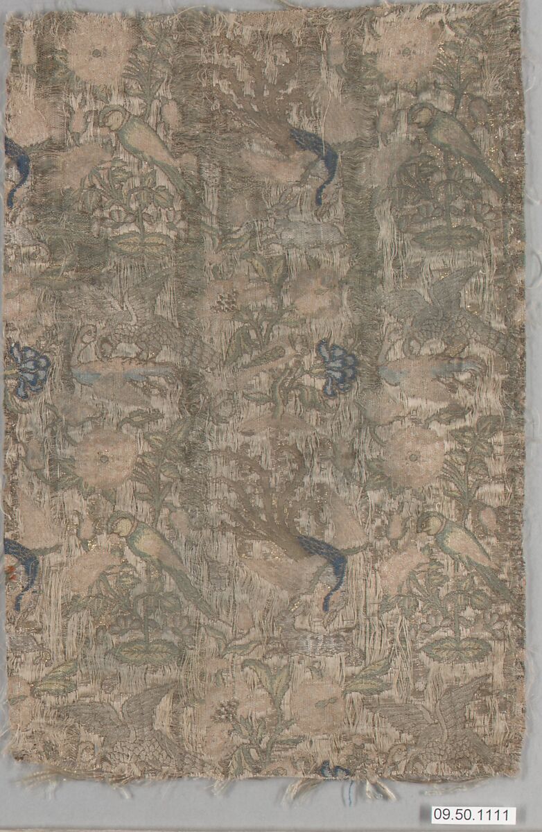 Textile Fragment, Silk and metal wrapped thread; plain weave, brocaded