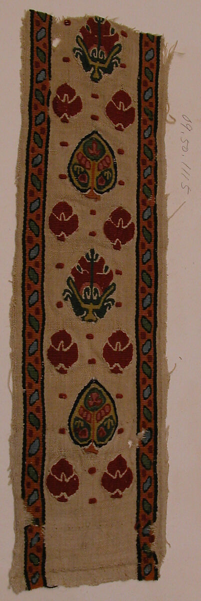 Fragment of an Ornamented Band, Linen, wool; tapestry weave