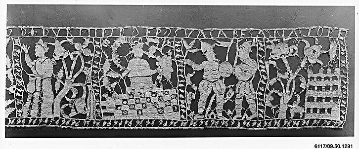 Textile Fragment, Linen, silk; plain weave, embroidered