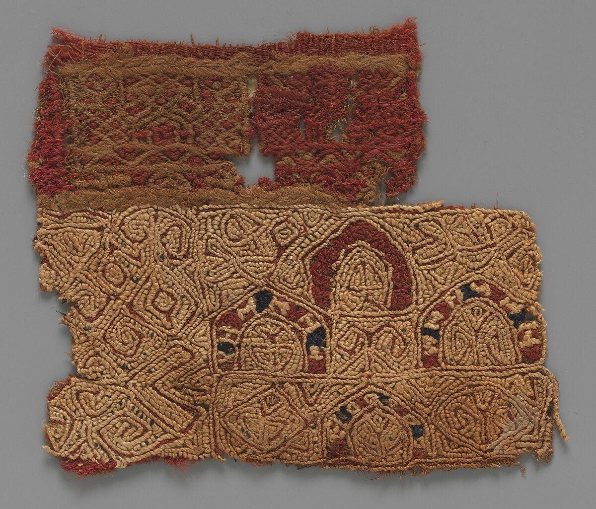 Textile fragment with Architectural Motif, Linen, wool; tapestry weave, embroidered 