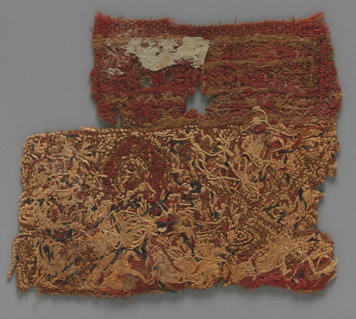 Textile fragment with Architectural Motif, Linen, wool; tapestry weave, embroidered
