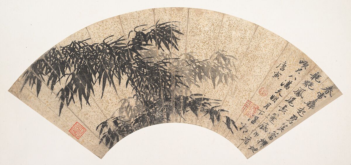 Bamboo in a spring thunderstorm, After Tang Yin (Chinese, 1470–1524), Folding fan mounted as an album leaf; ink on gold-flecked paper, China 