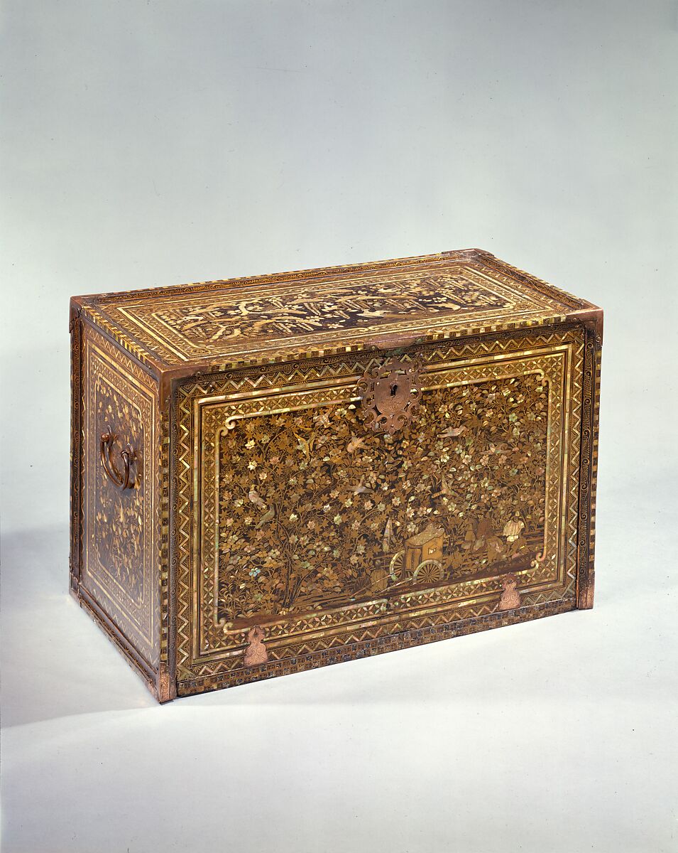 Cabinet of Drawers with Birds, Flowers, and Court Carriage, Lacquered wood with gold and silver hiramaki-e and mother-of-pearl inlay, Japan