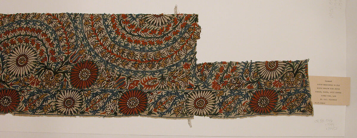 Textile Fragment, Cotton, silk; plain weave, embroidered