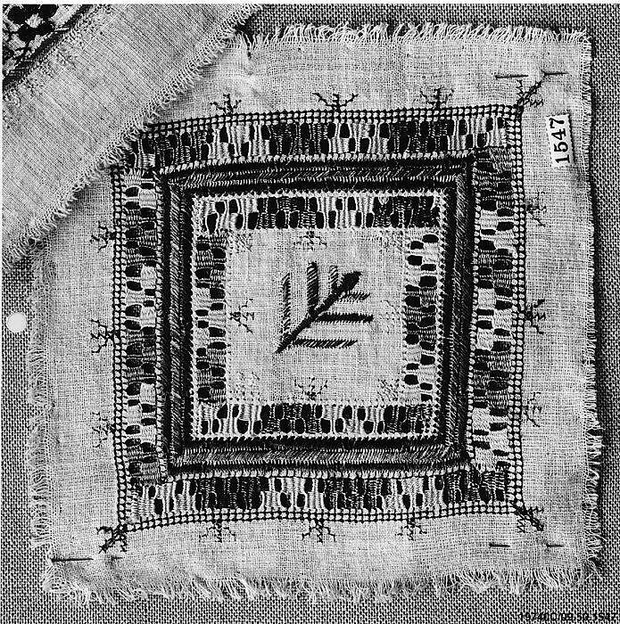 Square, Cotton, silk, and metal wrapped thread; plain weave, embroidered