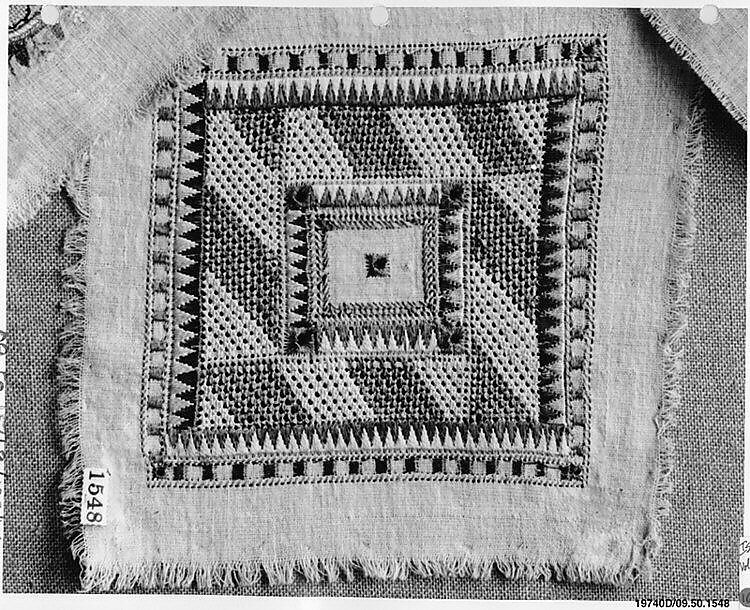 Square, Cotton, silk, metal wrapped thread; plain weave, embroidered