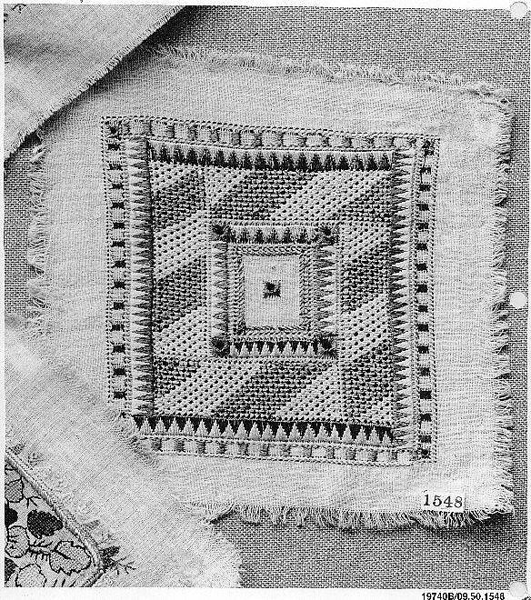 Square, Cotton, silk, metal wrapped thread; plain weave, embroidered