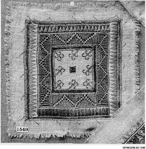 Square, Cotton, silk, metal wrapped thread; plain weave, embroidered