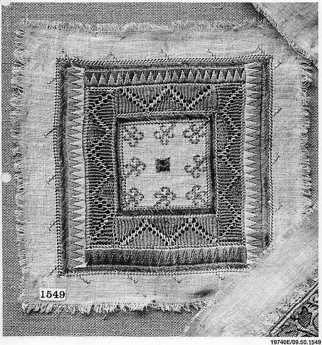 Square, Cotton, silk, metal wrapped thread; plain weave, embroidered