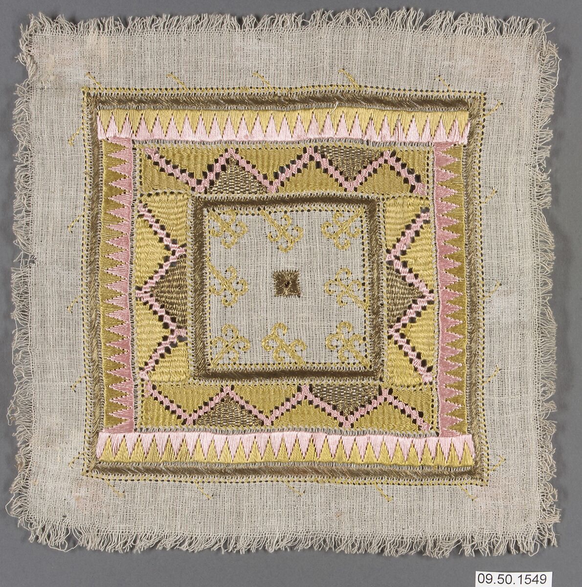 Square, Cotton, silk, metal wrapped thread; plain weave, embroidered 