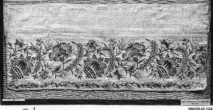 Towel Ends, Linen, silk, metal wrapped thread; plain weave, embroidered