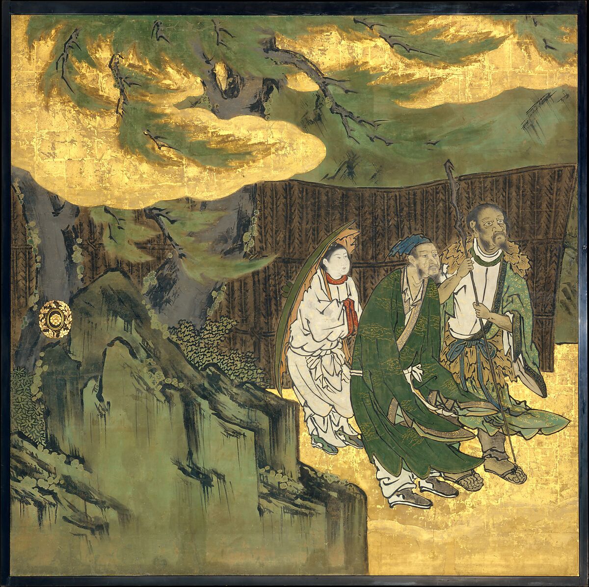 The Daoist Immortal Liezi, Kano School (Japanese, 1476–1559), Set of four sliding-door panels; ink, color, gold, and gold leaf on paper , Japan