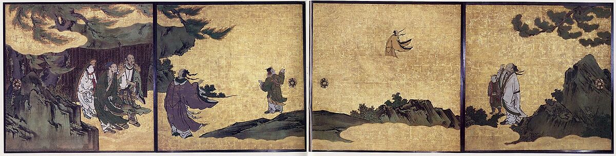 The Daoist Immortal Liezi, Kano School, Set of four sliding-door panels; ink, color, gold, and gold leaf on paper , Japan 