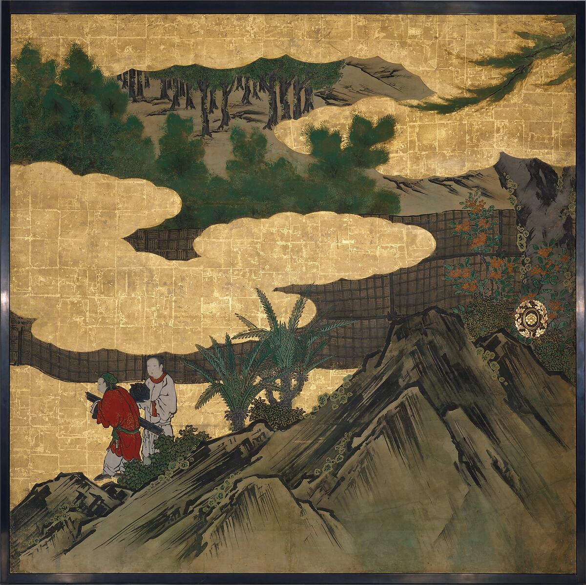Appreciation of Painting, from a set of the Four Accomplishments, Kano School (Japanese, 1476–1559), Four of eight panels mounted on sliding-door panels; ink, color, gold, and gold leaf on paper , Japan