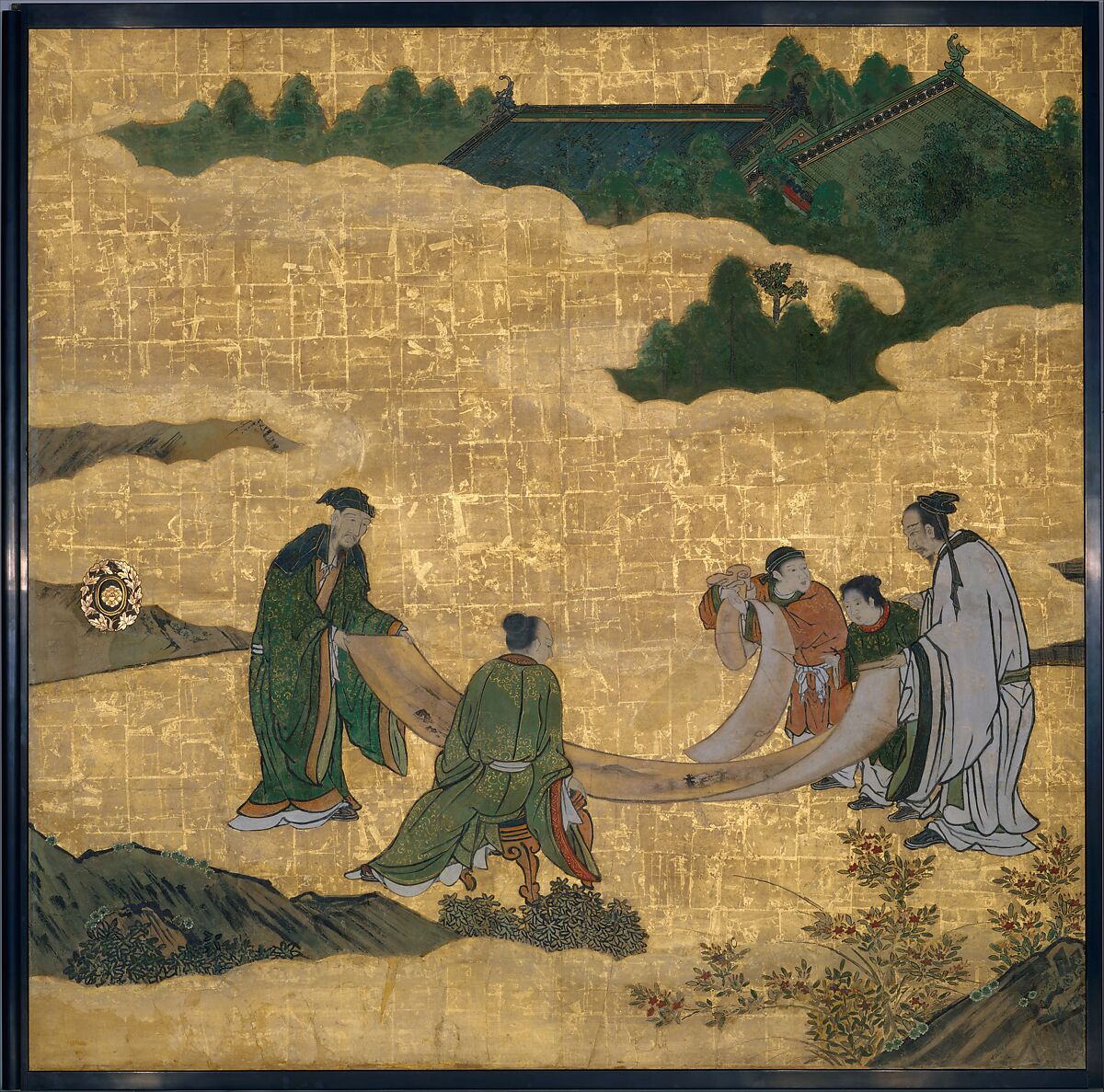 Appreciation of Painting, from a set of the Four Accomplishments, Kano School (Japanese, 1476–1559), Four of eight panels mounted on sliding-door panels; ink, color, gold, and gold leaf on paper , Japan