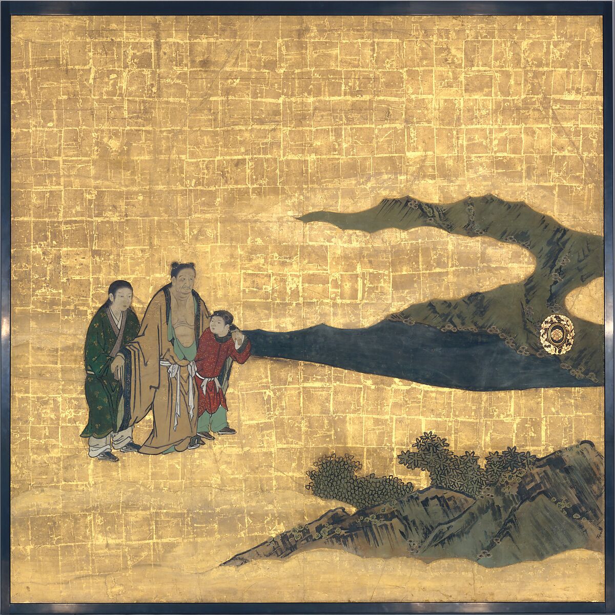 Appreciation of Painting, from a set of the Four Accomplishments, Kano School (Japanese, 1476–1559), Four of eight panels mounted on sliding-door panels; ink, color, gold, and gold leaf on paper , Japan