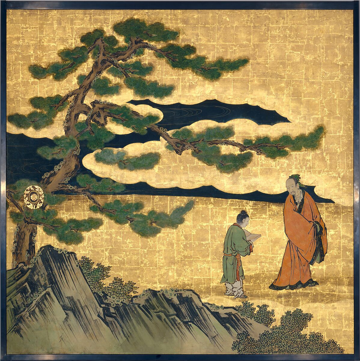 Appreciation of Painting, from a set of the Four Accomplishments, Kano School (Japanese, 1476–1559), Four of eight panels mounted on sliding-door panels; ink, color, gold, and gold leaf on paper , Japan