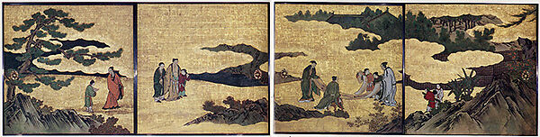 Appreciation of Painting, from a set of the Four Accomplishments, Kano School, Four of eight panels mounted on sliding-door panels; ink, color, gold, and gold leaf on paper , Japan 