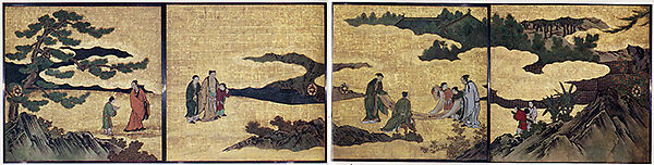 Appreciation of Painting, from a set of the Four Accomplishments, Kano School, Four of eight panels mounted on sliding-door panels; ink, color, gold, and gold leaf on paper, Japan