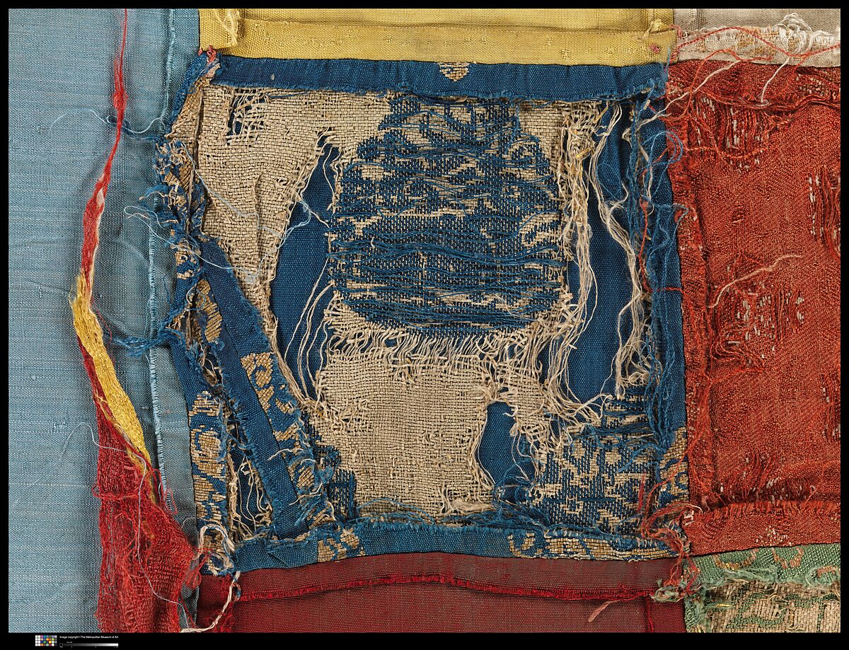 Patchwork of Woven Textiles, Plain weave silk; silk satin brocade with metal thread; silk satin, China