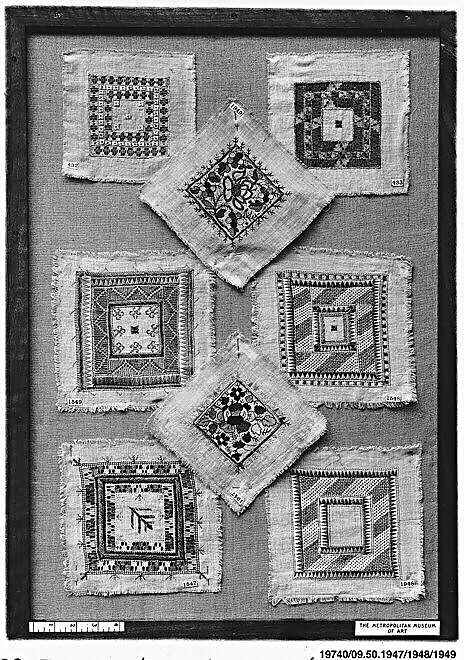 Square, Cotton, silk, metal wrapped thread; plain weave, embroidered 