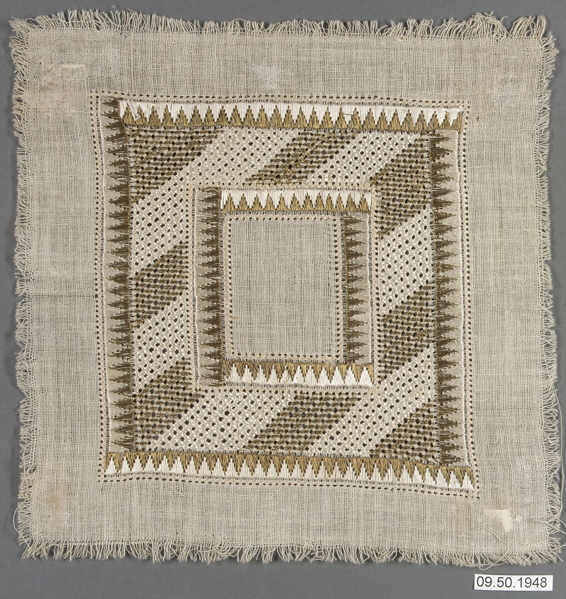 Square, Cotton, silk, metal wrapped thread; plain weave, embroidered 