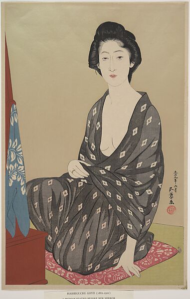 Woman in Summer Kimono, Hashiguchi Goyō (Japanese, 1881–1921), Woodblock print; ink, color, and mica on paper, Japan 