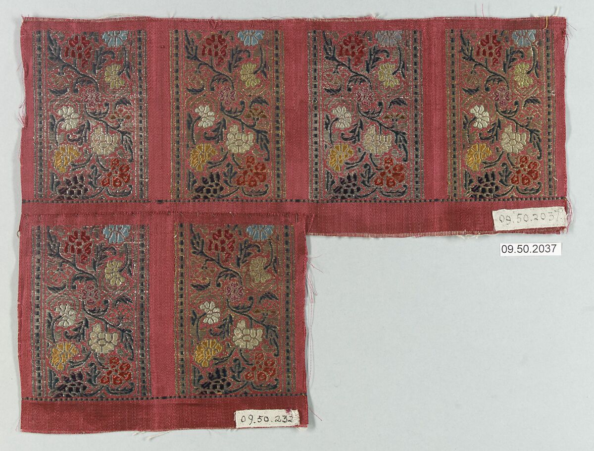 Textile Fragment, Silk and metal wrapped thread; satin weave, brocaded (kincob)