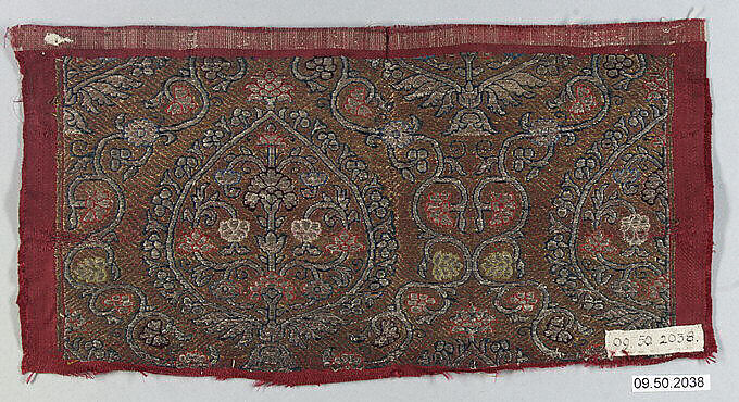 Textile Fragment, Silk and metal wrapped thread; satin weave, brocaded (kincob) 