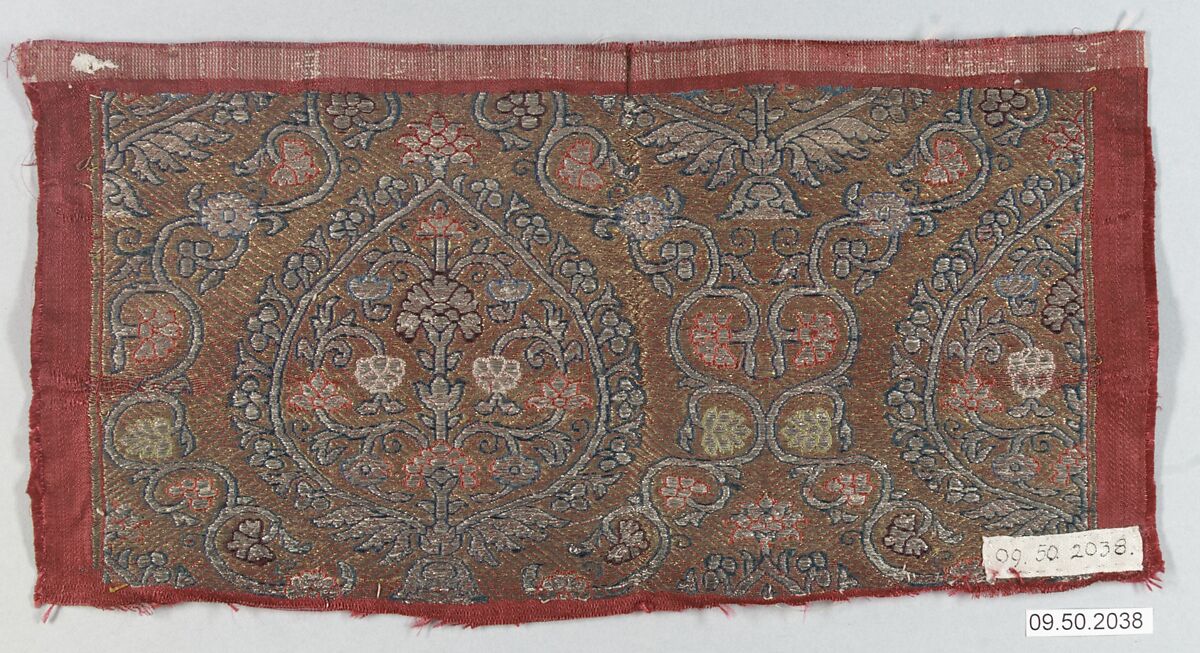 Textile Fragment, Silk and metal wrapped thread; satin weave, brocaded (kincob)