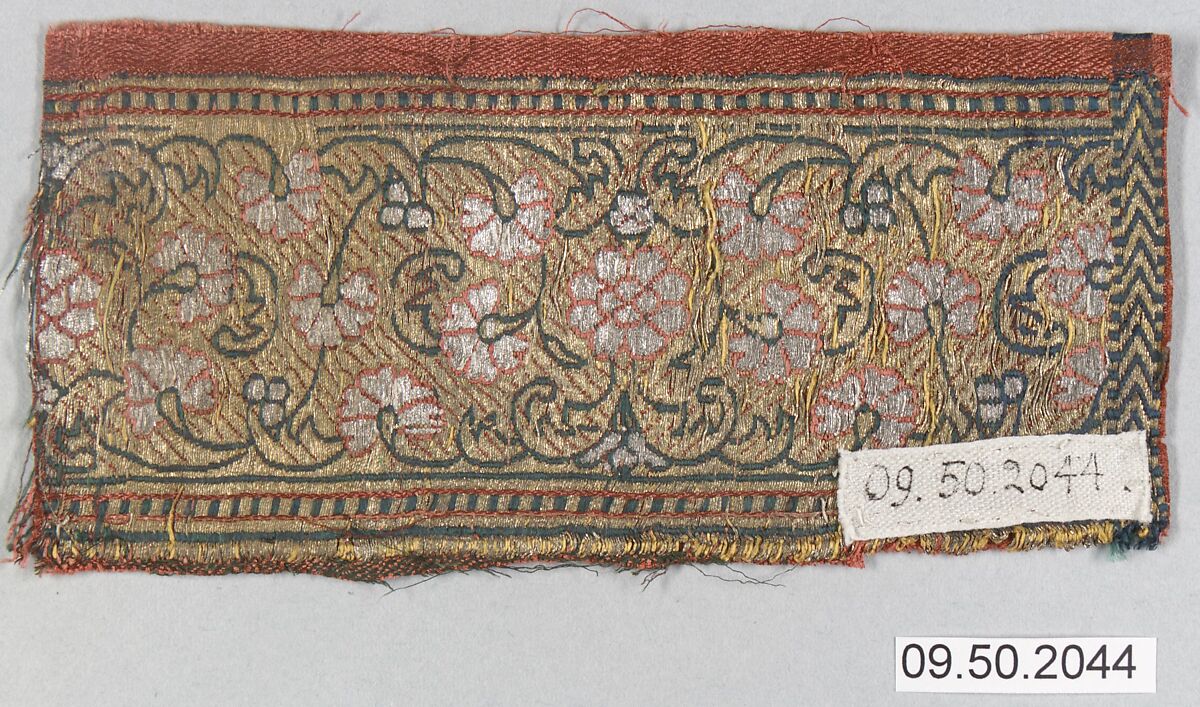 Textile Fragment, Silk and metal wrapped thread; satin weave, brocaded (kincob)